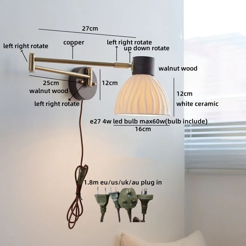 Axyaa Ceramic LED Wall Lamp, Swing Arm Rotate White Interior Light