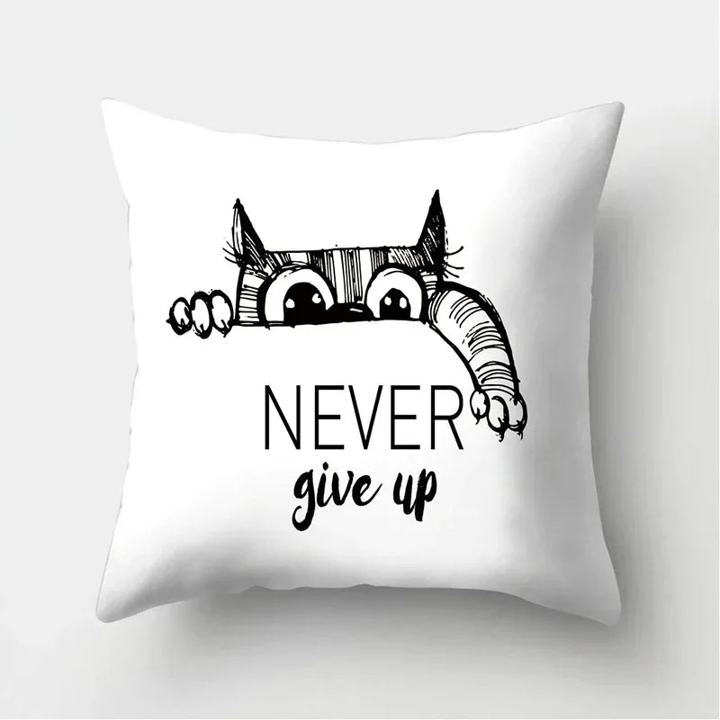 Axyaa Black & White Cat Pattern Cushion Cover for Living Room, Bedroom & Sofa