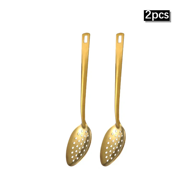 Axyaa 6pcs Korean Stainless Steel Kitchenware Set - Golden Soup Spoon, Colander, Hot Pot Spoon
