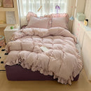 Axyaa Cream Lace Girl Powder Grid Korean Double-Layer Quilt Cover Set