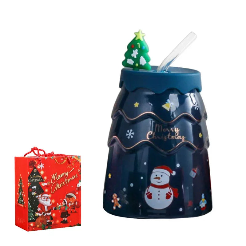 Axyaa Christmas Tree Ceramic Mug Set - Santa Claus Coffee Cup with Lid, Straw