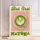 Axyaa Matcha Latte Art Canvas Poster on Pink Grid Background, Modern Living Room Wall Art