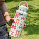 Axyaa Insulated Water Bottle Cute Bow Thermal Stainless Steel Straw Thermos with Handle