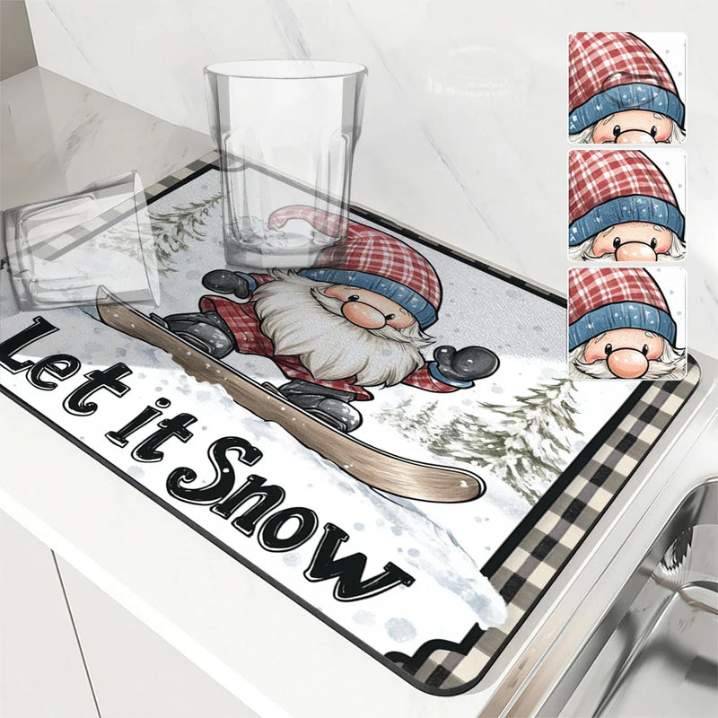 Axyaa Christmas Dwarf Kitchen Drying Mat - Quick Dry Dish Draining Mat