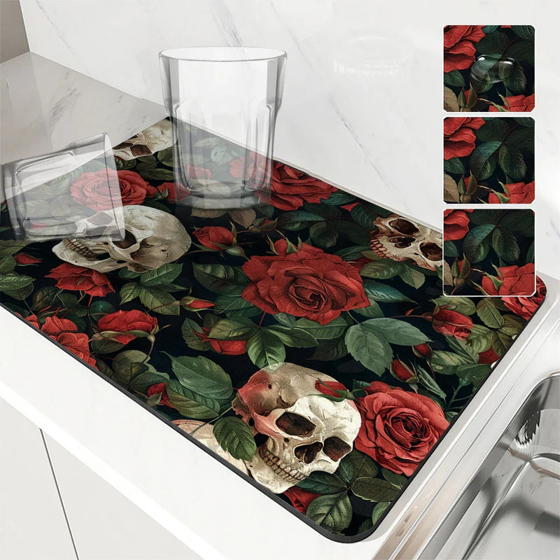 Axyaa Plant Skull Rose Absorbent Kitchen Mat
