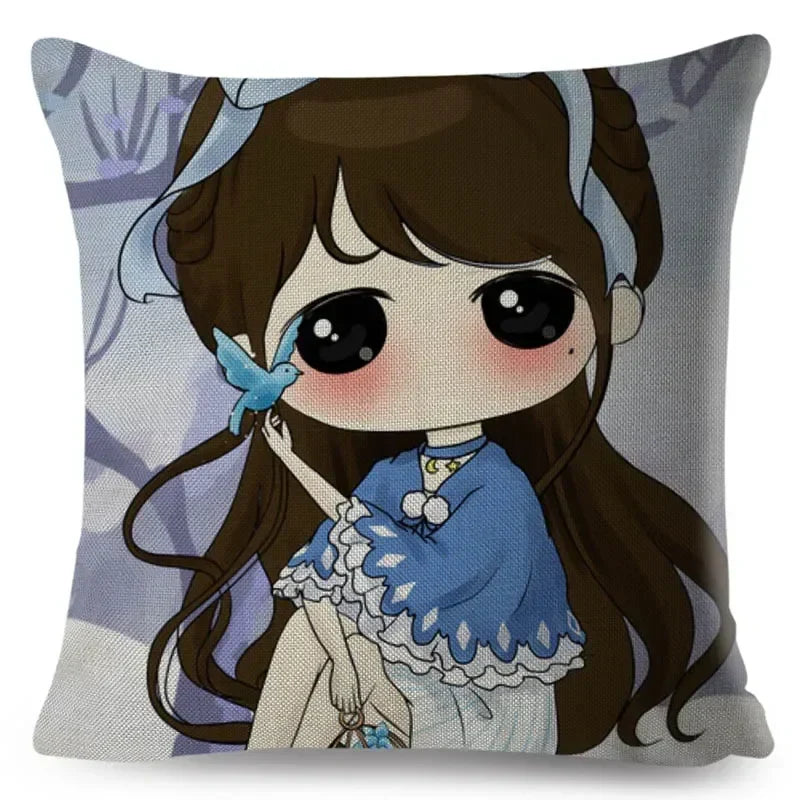 Axyaa Beautiful Girl Pattern Linen Pillowcase for Living Room and Bedroom