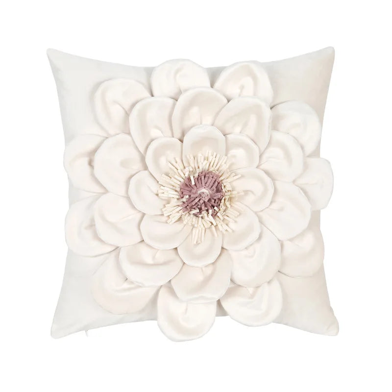 Axyaa Velvet Flower Cushion Cover in Yellow Blue White Pink, Handmade Luxury Pillowcase