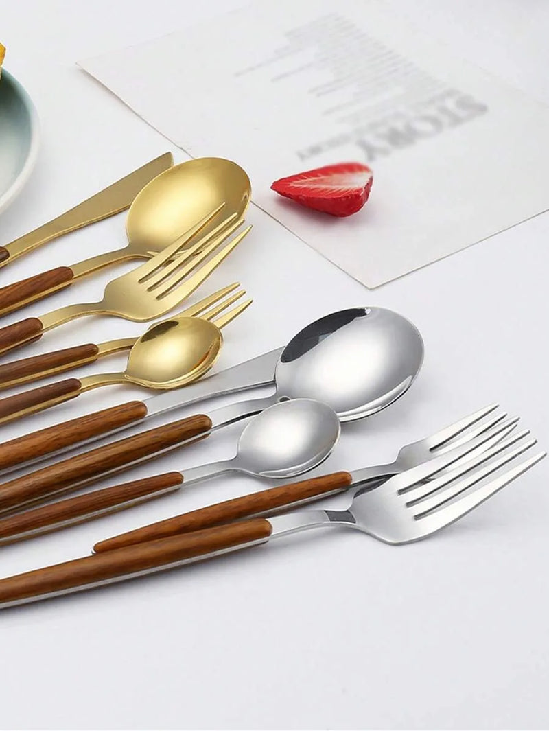 Axyaa Stainless Steel Cutlery Set with Portuguese Wood Grain Handle