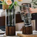 Axyaa Nordic Glass Vase with Wooden Base for Elegant Living Room Décor and Floral Display