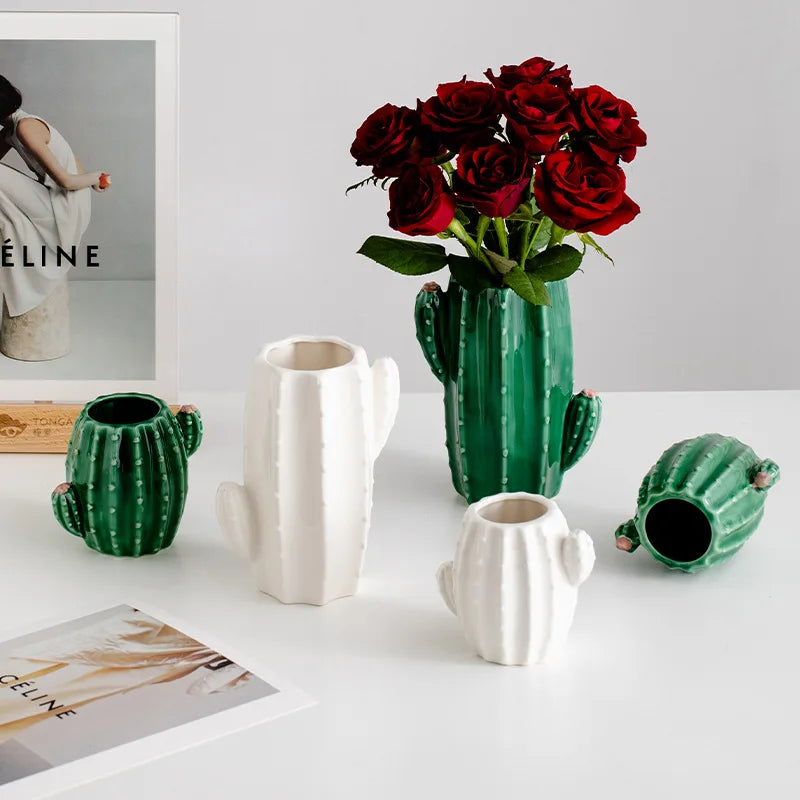 Axya Nordic Ceramic Cactus Vase Home Decor Modern Green Room Decoration