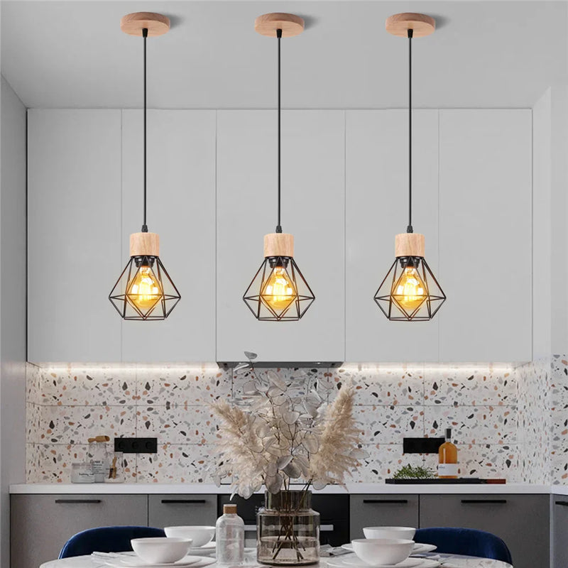 Axyaa Wood Iron Cage Pendant Lamp 1/3 Heads for Living Room Kitchen Restaurant