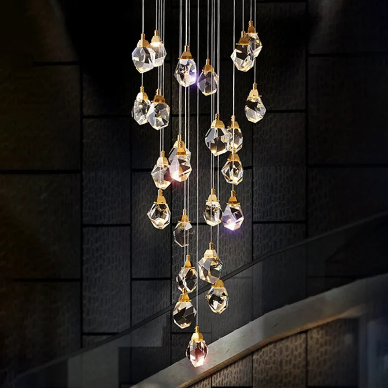 Axyaa Luxury Gold Crystal Chandelier - LED Lighting for Large Living Rooms and Staircases