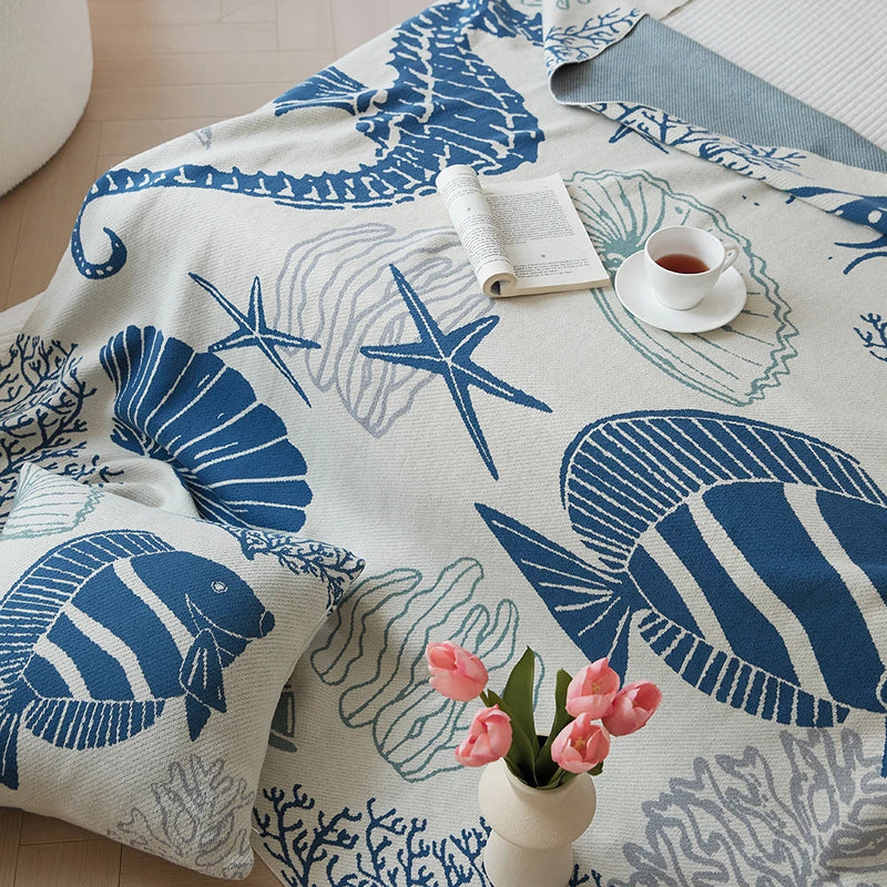 Axyaa Coastal Ocean Knit Throw Blanket - Sea Shell, Starfish Coral Design