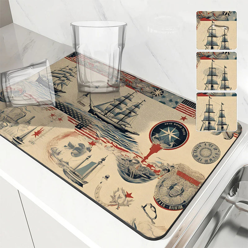 Axyaa Sailboat Kitchen Drying Mat: Absorbent, Anti-Slip Table Placemat