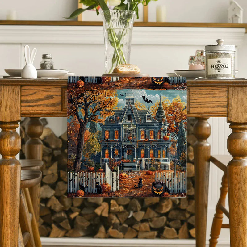 Axyaa Halloween Castle Cat Table Runner Kitchen Dining Decoration