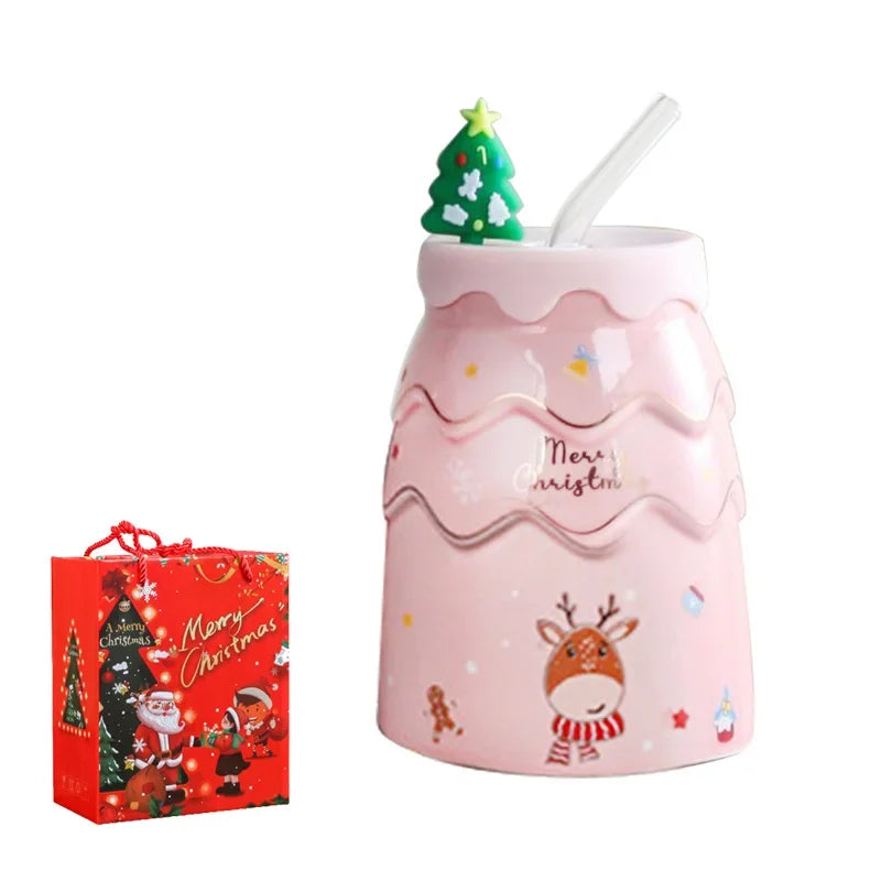 Axyaa Christmas Tree Ceramic Mug Set - Santa Claus Coffee Cup with Lid, Straw
