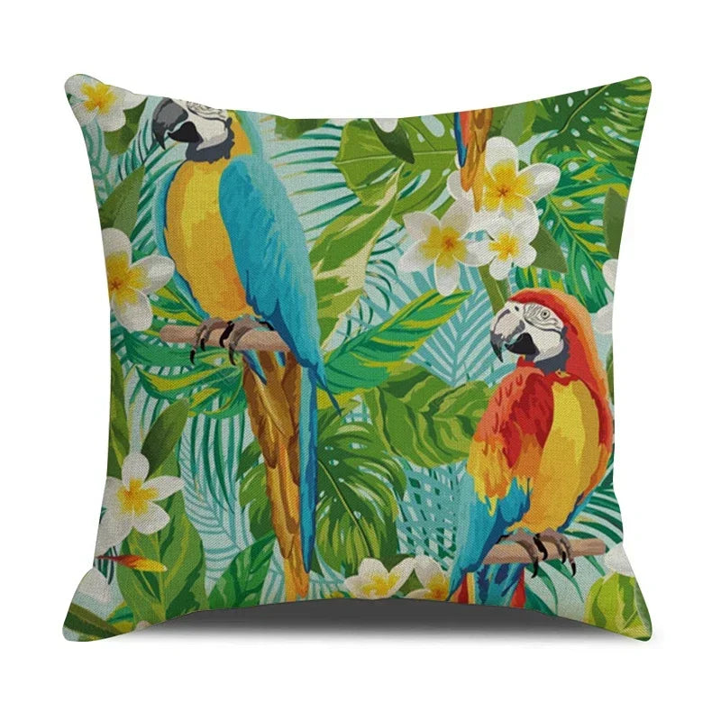 Tropical Birds Linen Pillowcase Set for Decorative Throw Cushions by Axyaa
