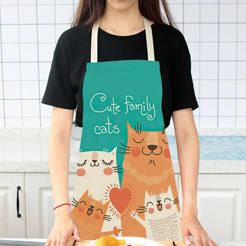 Axya Cute Cat Print Cotton Linen Sleeveless Apron for Cooking Baking Kitchen