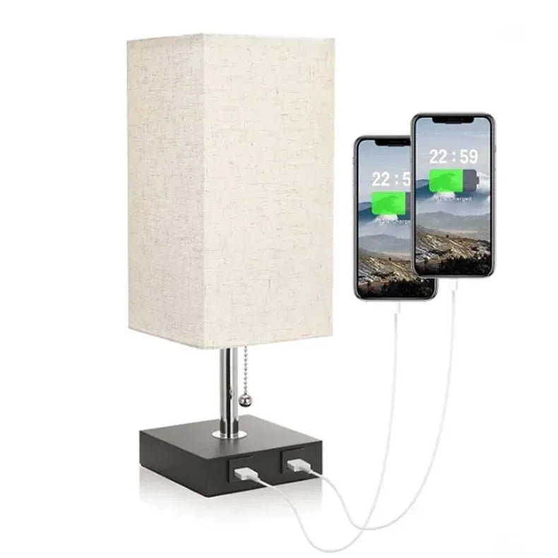Axyaa USB Table Lamp with Pull Chain and Grey Fabric Shade