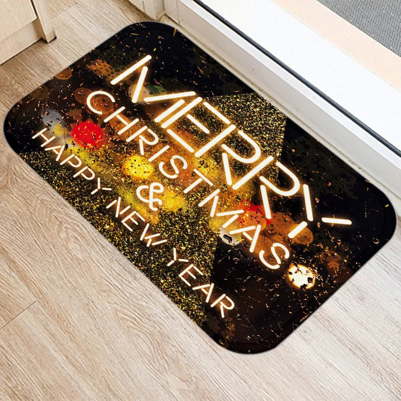 Axyaa Merry & Happy Year Door Mat: Golden Black Letter Print, Non-Slip Floor