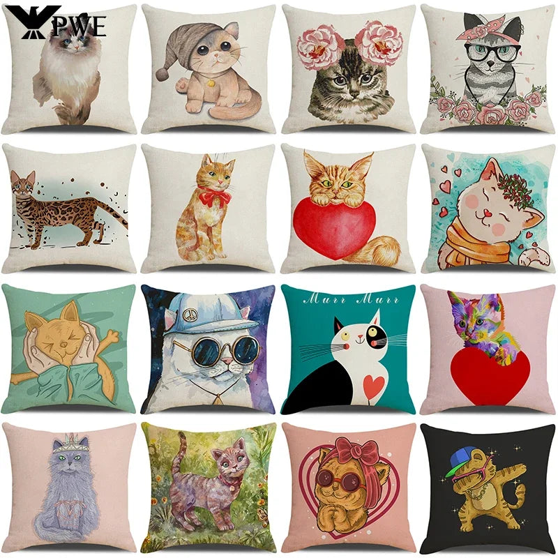 Funny Cats Print Pillow Case for Home Decor by Axyaa: 45x45cm Linen Cover