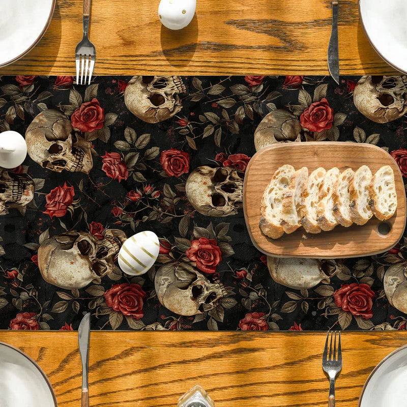 Axyaa Skull Rose Table Runner: Washable, Indoor Outdoor Dining Decoration