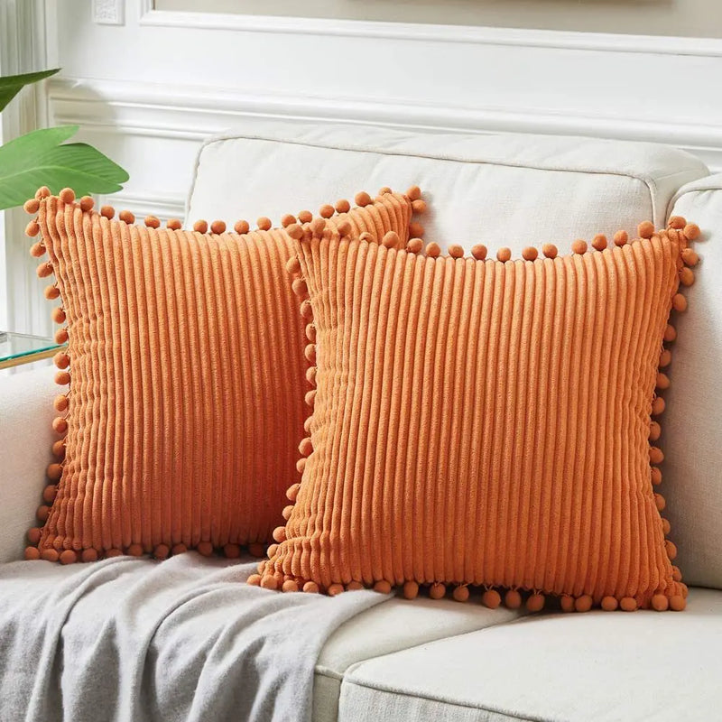 Axyaa Velvet Pillow Covers with Pom-poms - Orange Fall Decor for Sofa