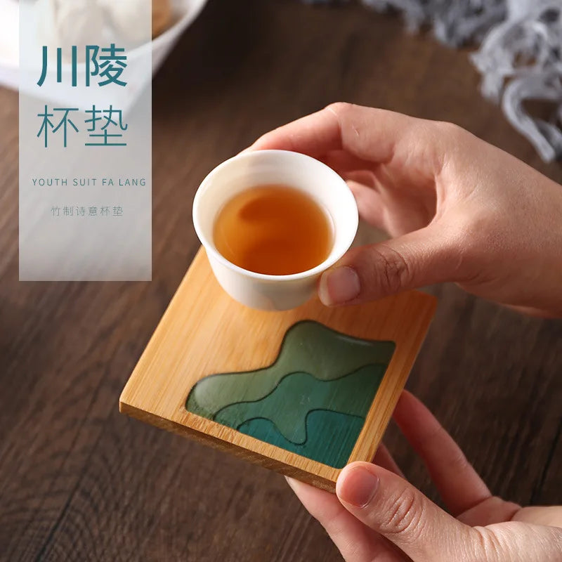 Axya Bamboo Tea Coaster Set with Transparent Resin - Kung Fu Tea Ceremony Accessory