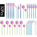 Axyaa 32-Piece Stainless Steel Black Cutlery Set Knife Fork Spoon Straw Flatware