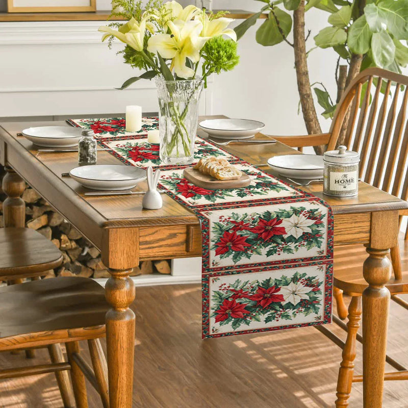 Axyaa Christmas Poinsettia Holly Table Runner for Rustic Dining Decor