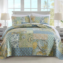 King Size Bohemian Green Patchwork Quilt Set by Axyaa - Reversible Lightweight Bedspread