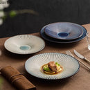 Axyaa Striped Ceramic Plate Set: Creative Tableware for Salad, Desserts, Noodles, and Sashimi.
