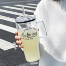 Axyaa 1000ml Glass Cup with Lid and Straw - Aesthetic Drink Bottle
