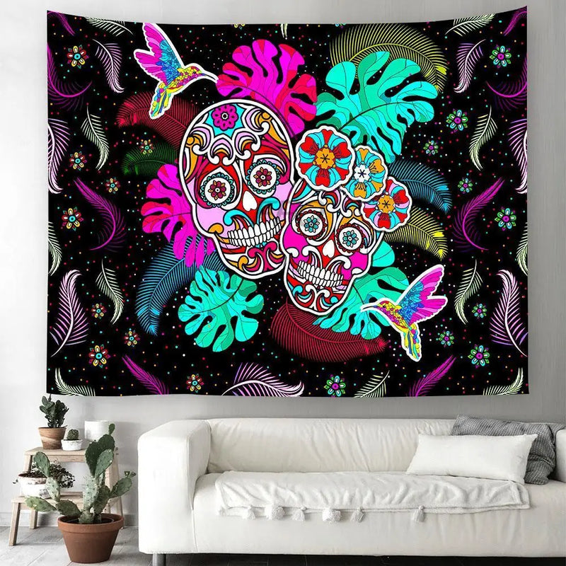 Axyaa Day of the Dead Skull Tapestry: Boho Room Decor Wall Hanging
