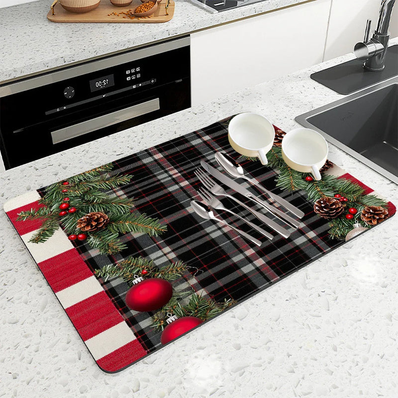 Axyaa Christmas Fir Desk Drain Pad: Non-slip Kitchen Counter Mat for Drying Dishware