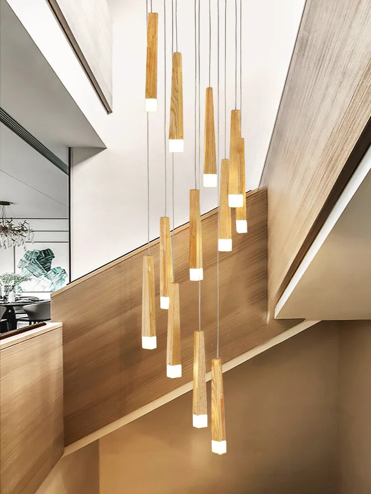 Axyaa Nordic Loft Rotating Wooden Chandelier - LED Staircase Pendant Light