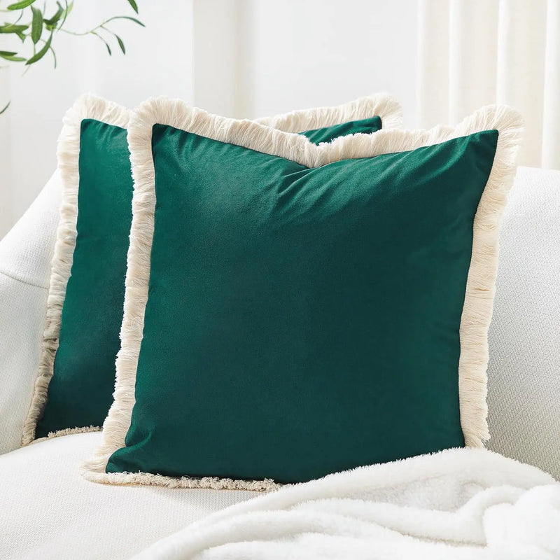 Axyaa Velvet Decorative Pillow Cover with Tassels - Orange/Ivory/Green - 18x18/20x20/24x24