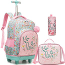Axyaa Girls 3-Piece Rolling Backpack Set with Wheeled Luggage, Lunch Bag, Pencil Case