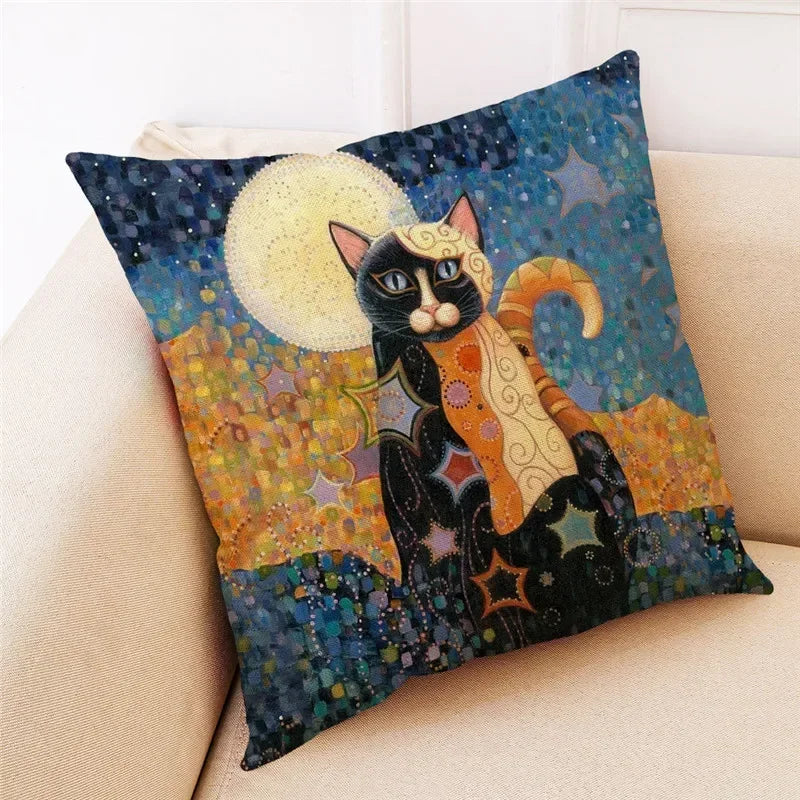 Axyaa Cat Print Linen Pillowcase 45x45cm Home Decor Cushion Cover