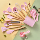 Axyaa 34-Piece Silicone Utensils Set with Wooden Handles