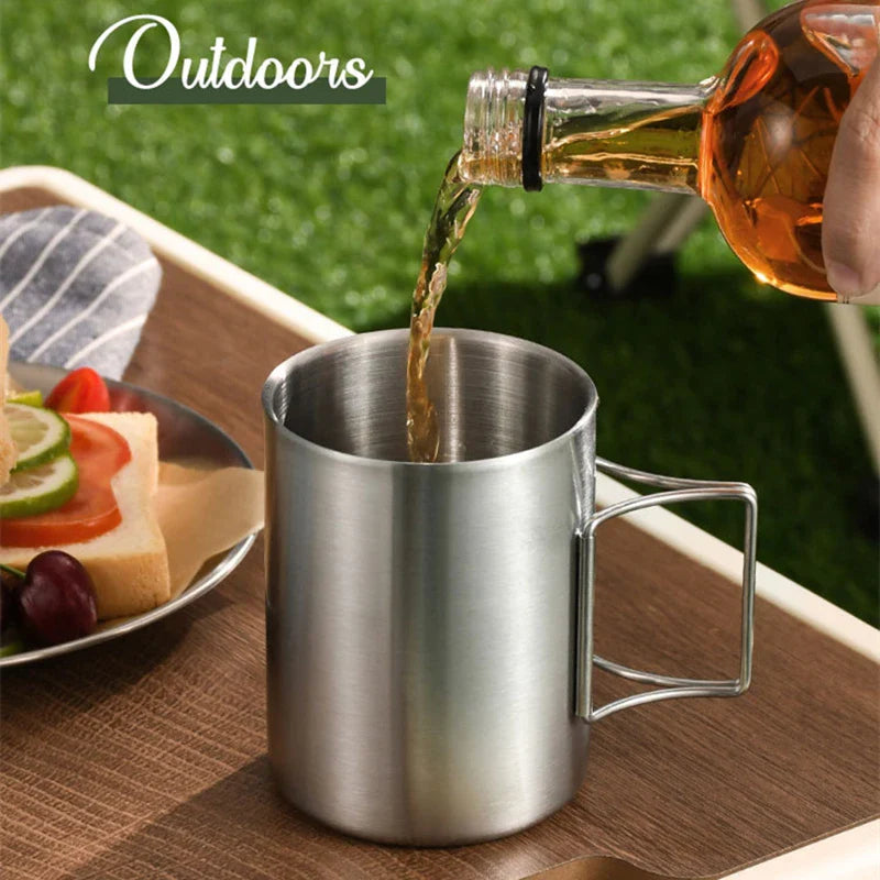 Axyaa Stainless Steel Portable Beer Mug with Lid & Foldable Handle