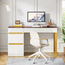 Axyaa Glass Top Writing Desk with Drawers, 47 Inch Modern Home Office, White/Gold