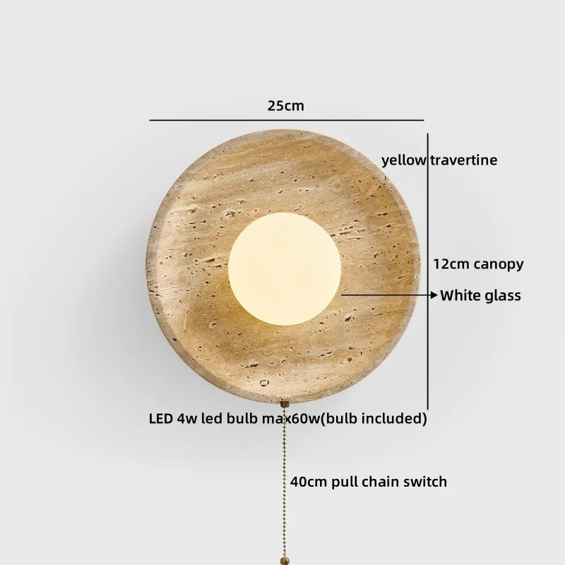 Axyaa Stone Clock LED Wall Light Yellow Travertine Wooden Pointer for Living Room