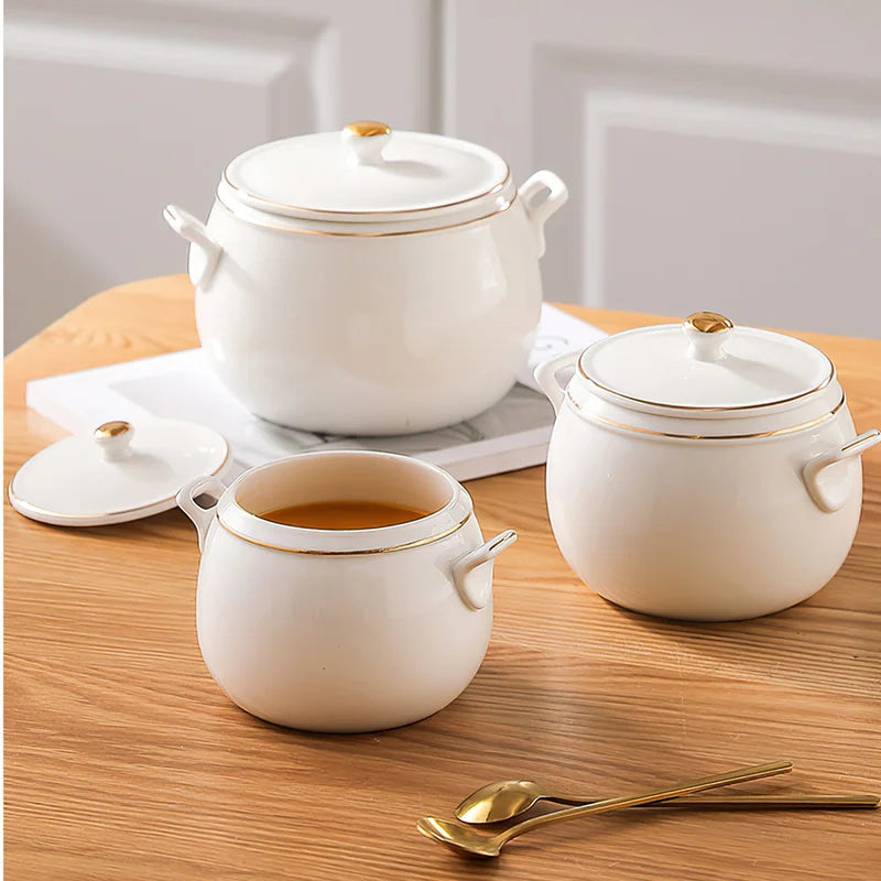 Axya Pure White Gold Edge Stew Bowl with Lid - Korean Design Soup & Dessert Cup