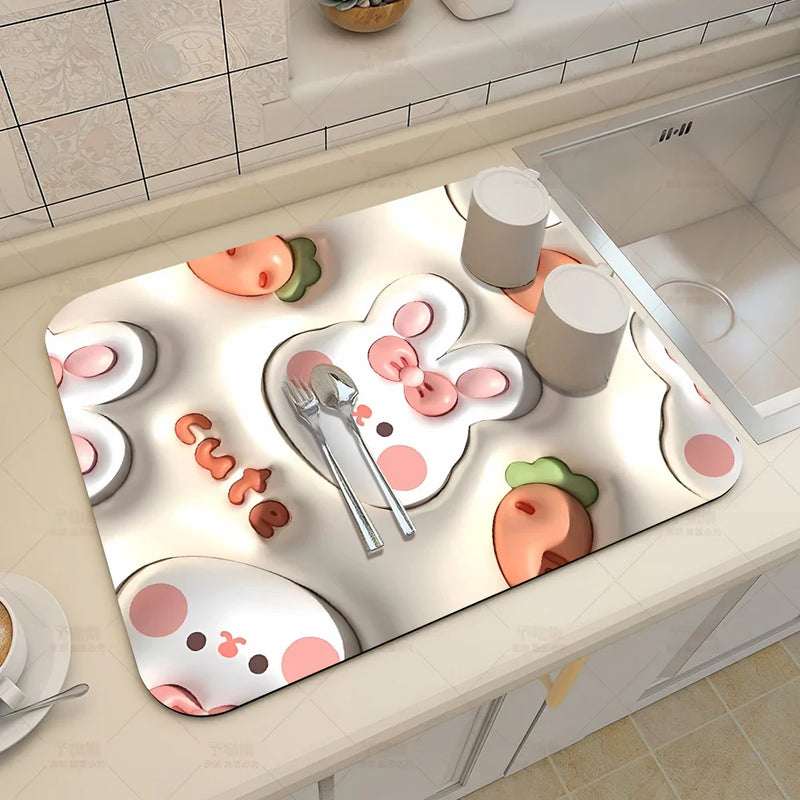 Axyaa 3D Visual Effect Drain Mat - Absorbent, Non-Slip, Anti-Mildew Kitchen Tableware Mat