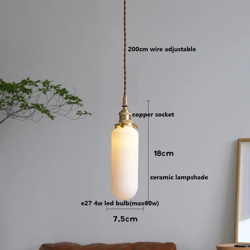 Axyaa White Ceramic LED Pendant Light with Wood Handle - Bedroom Living Room Lamp
