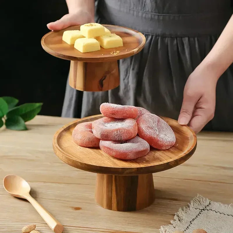 Axya Solid Wood Retro Cake Tray Tall Japanese Style Fruit Dessert Plate