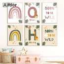 Nordic Jungle Animal Custom Name Rainbow Canvas Painting by Axyaa for Nursery Decor