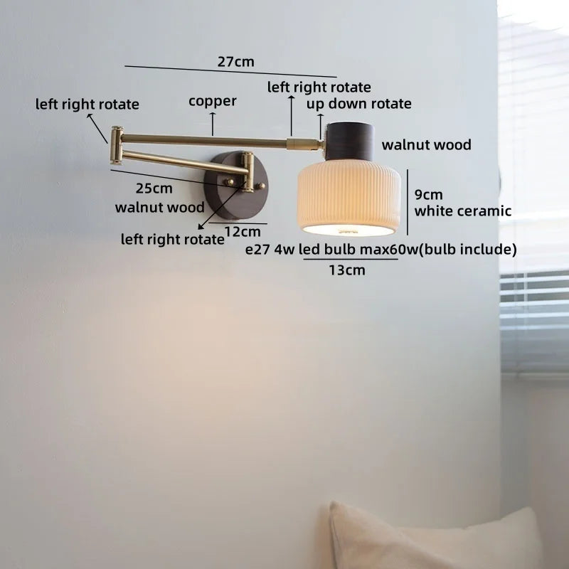 Axyaa Ceramic LED Wall Lamp, Swing Arm Rotate White Interior Light