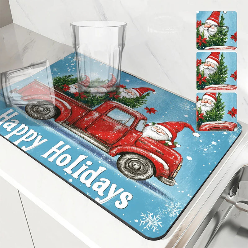 Axyaa Christmas Dish Drying Mat - Heat Resistant Non-slip Kitchen Counter Pad